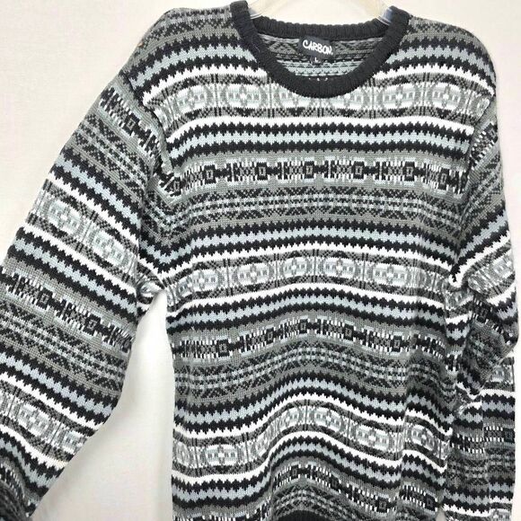 Carbon Men’s Sweater Large Black Gray Knit Pullover Crewneck Patterned Soft Acry - Picture 2 of 6